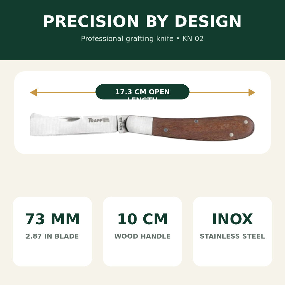 Trapp Brazil Grafting & Budding Knife, 2.87 Inch Stainless Steel Blade with Comfortable Wooden Handle (KN02)