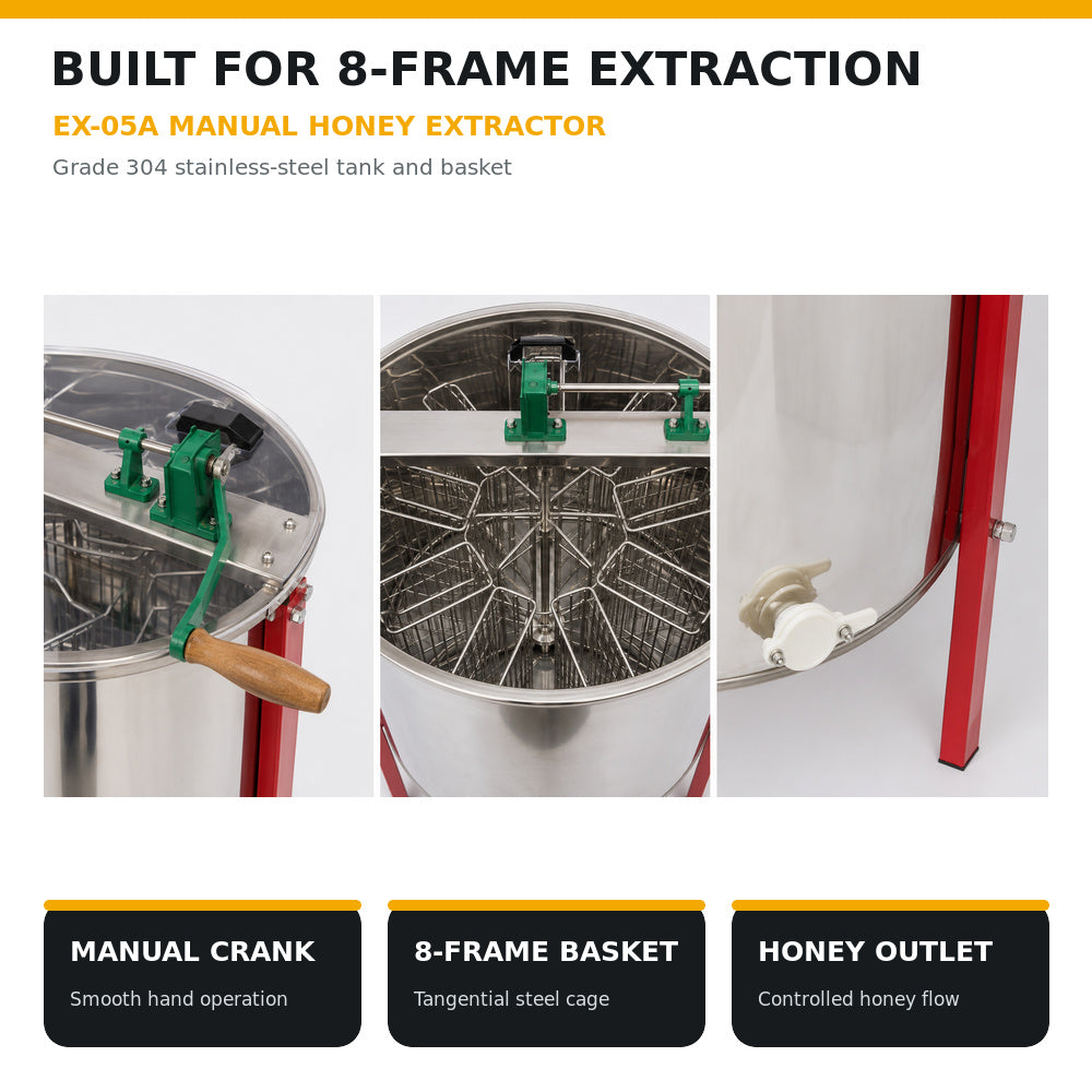 Beehive Flow-8 Frames Grade 304 Stainless Steel Manual Honey Extractor S S (EX-05A) With 3 Sturdy Legs