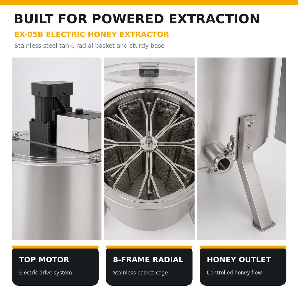 Beehive Flow-8 Frames Stainless SteelElectric Honey Extractor With 3 sturdy legs And Clear Plexiglass Top (EX-05B)