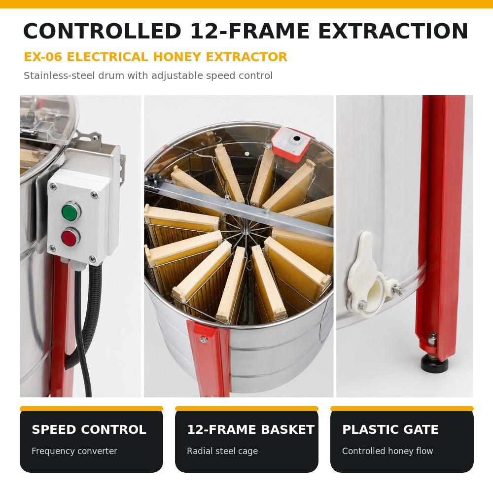 Beehive Flow-12 Frames Electrical, Stainless Steel, With Legs And Plastic Honey Gate Speed Control Frequency Converters Three Phase 220V, 550W (EX-06)