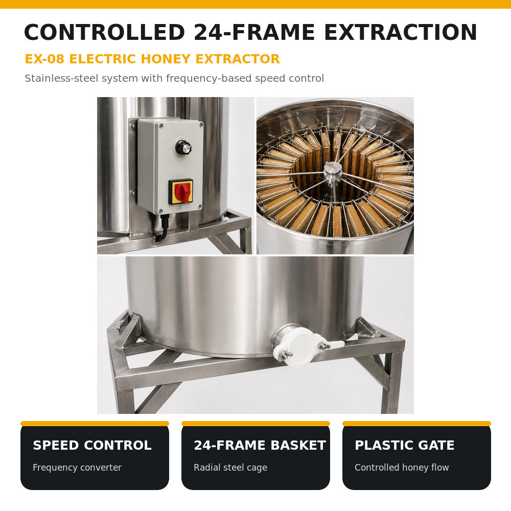 Beehive Flow-24 Frames Electric Honey Extractor stainless steel, With Legs And Plastic Honey Gate Speed Control Frequency Converters Three Phase 220V, 550W (EX-08)