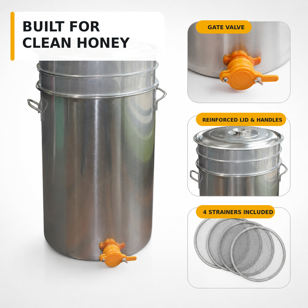 Beehive Flow-Honey 50L Tank/Steel Bucket With Gate Valve And 4 Strainer