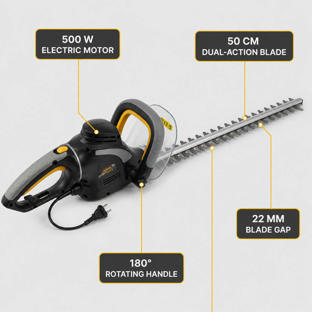 Alpina Italy 500W 50 cm Electric Hedge Trimmer with 22mm Blade Gap for Garden & Hedges, Black/Grey, AHT 500 E