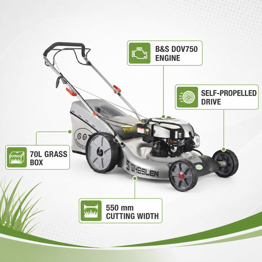 GGT Hand Lawn Mower B&S DOV750 Engine with 70L Grass Box