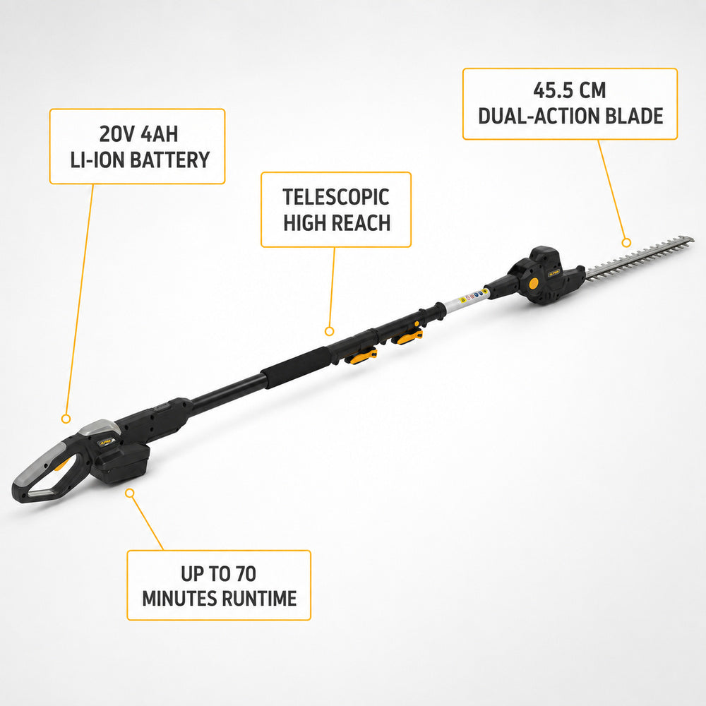 Alpina 20V Cordless Battery Operated Multi Tool with 45cm Double Sided Hedge Trimmer and Chainsaw Head, Your Local UAE Distributor