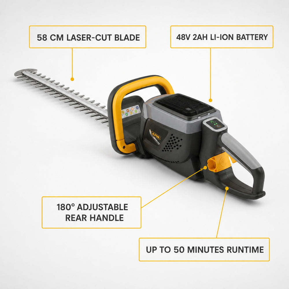 Alpina Italy 48V 58 cm Battery Operated Hedge Trimmer for Garden & Hedges Lightweight Trimmer With Dual-Action Blade, Black/Grey, AHT 48 Li