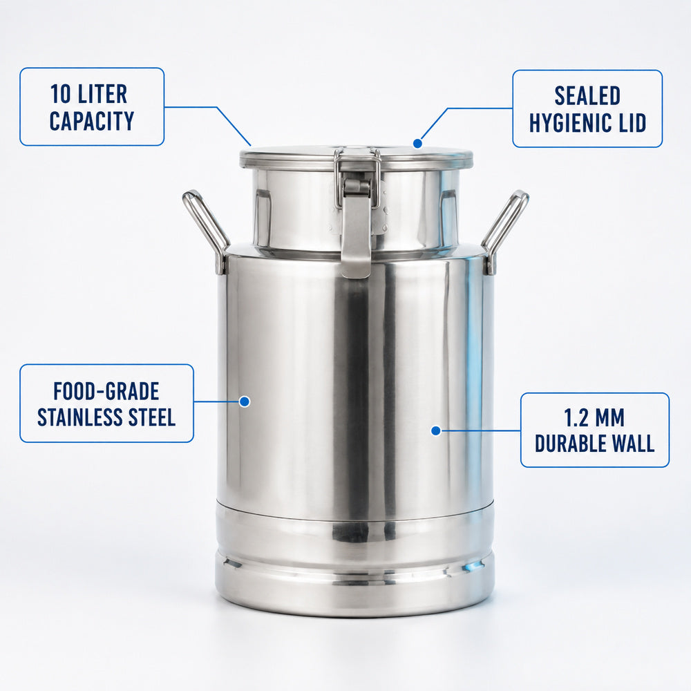Stainless Steel Milk Container, Steel Milk Container, Silver, 10 Liter Capacity
