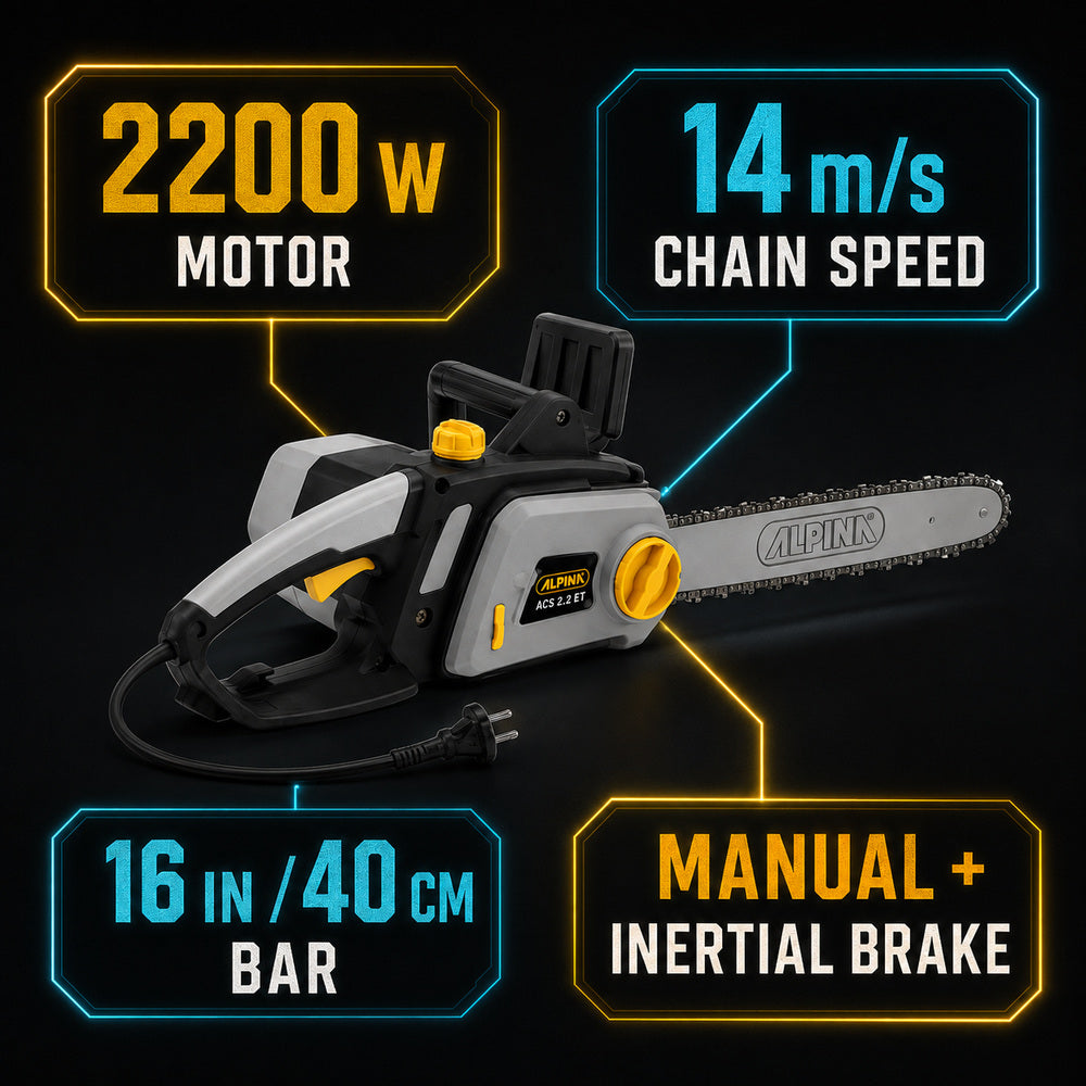 Alpina Italy 2200W 16 Inch Electric Chainsaw, Woodworking Hand Tool with chain speed of 14m/s, ACS 2.2 ET