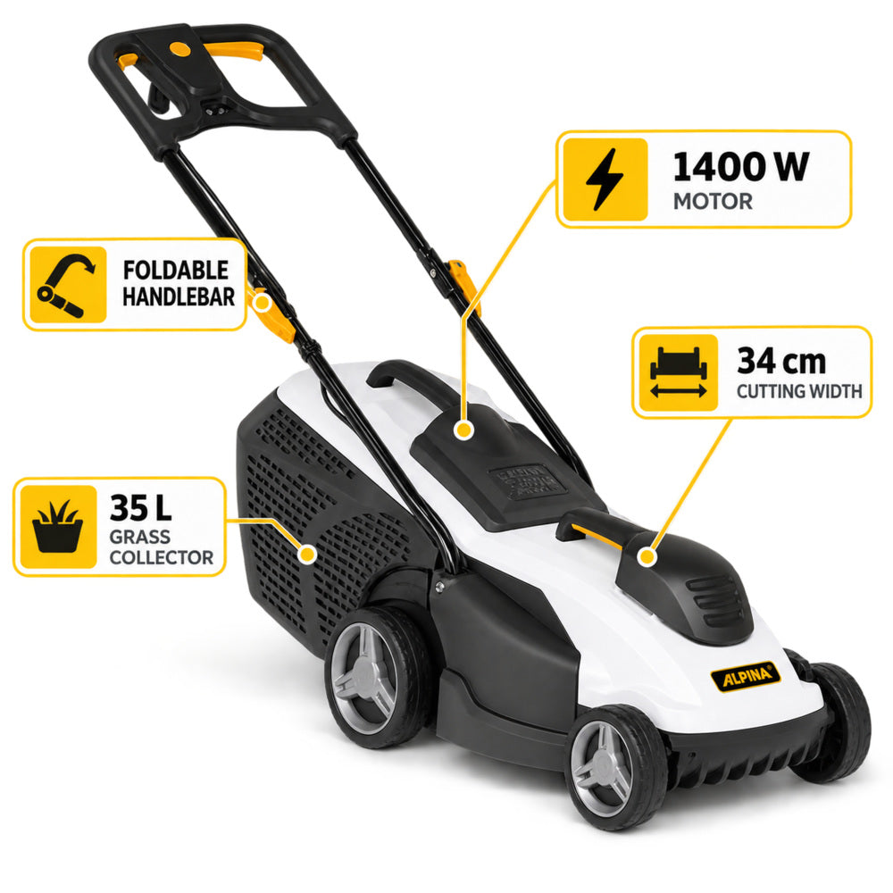 Alpina Italy Electric Lawn Mower, AL1 34 E, Black & White, 34 cm Cutting Width