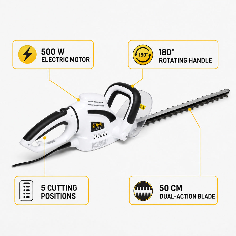 Alpina Italy Electric Hedge Trimmer,180° Rotating Handle, 50 cm double-action blade For Lawn & Garden (H 500 E)