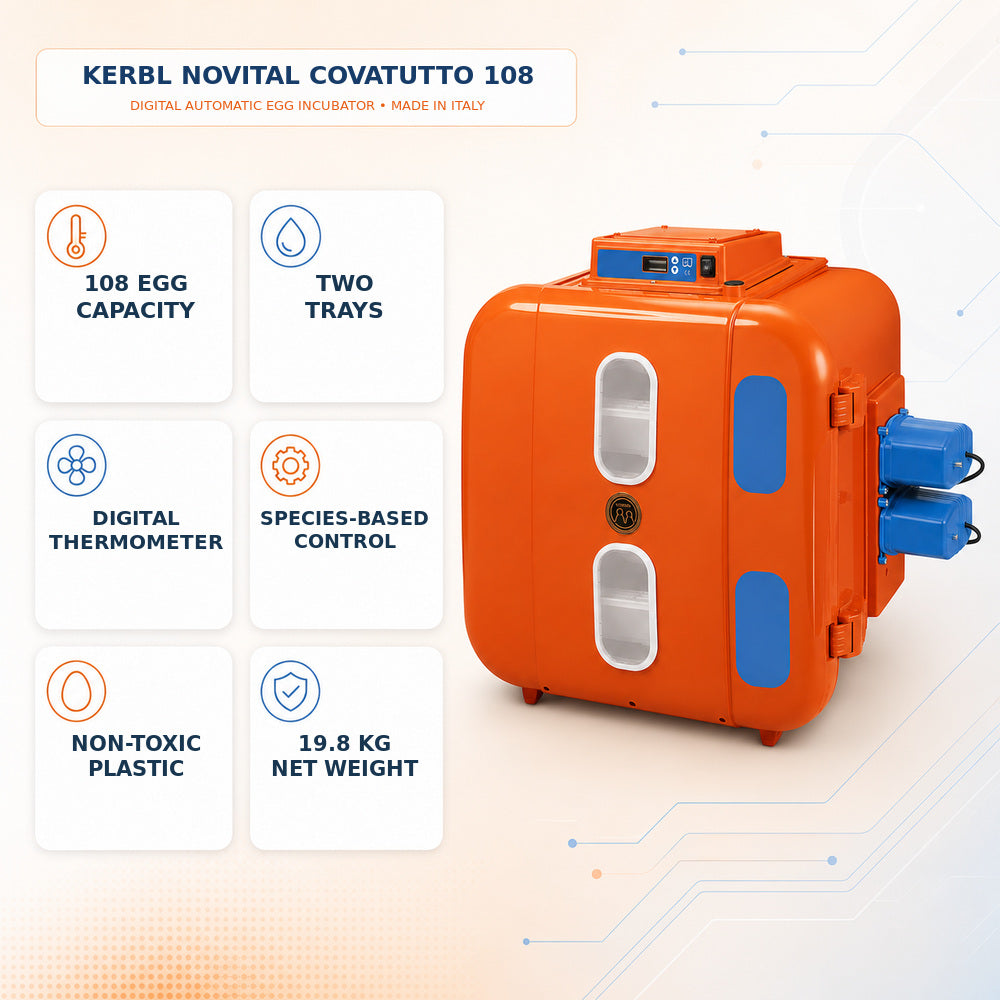 Kerbl Novital Digital Automatic Egg Incubator for Hatching Chicken Turkey Goose Partridge Quail Fowl Eggs, Poultry Hatcher, Covatutto 108 (Made in Italy)