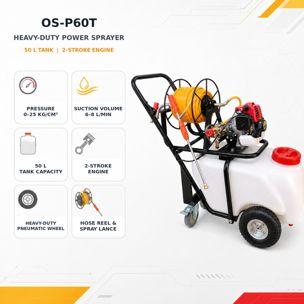 Wheel Barrow Heavy Duty Power Sprayer, 50 Liter Tank Capacity with 2 Stroke Engine, OS-P60T