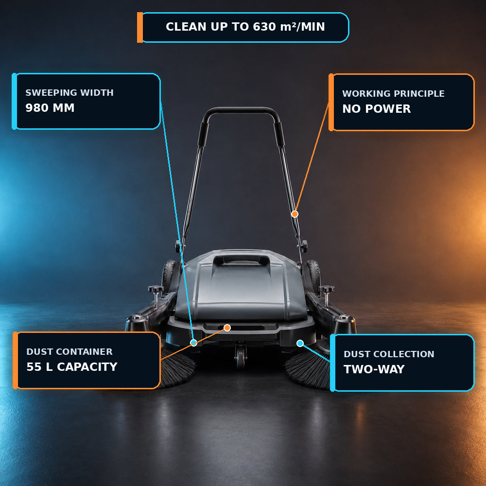 Veger Hand Push Floor Sweeping Machine, Sweeping Width 980mm / 55L Dust Container (M-2B)