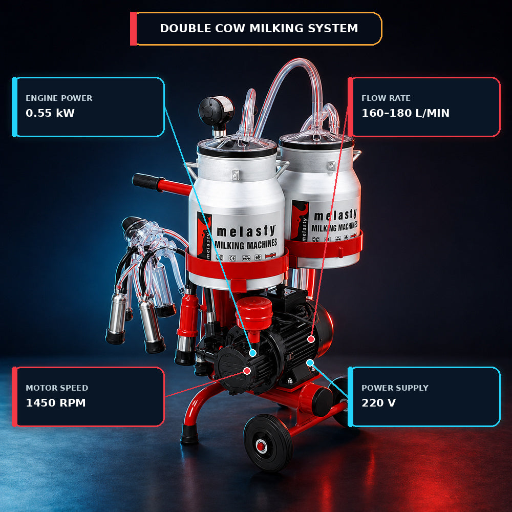 Melasty Double Milking Machine for Cow, Electric Portable Farm Milking Machine, Twin Bucket (Made in Turkey)