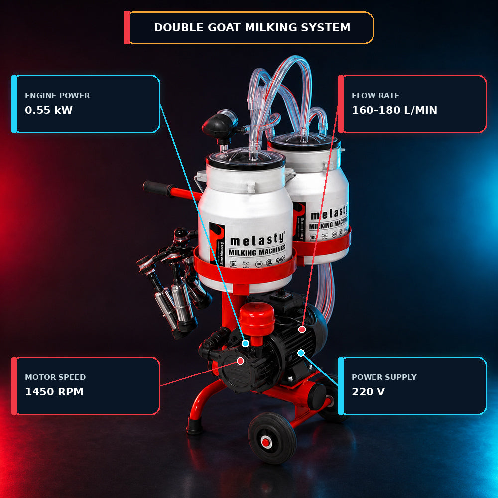 Melasty Double Milking Machine for Goats, Electric Portable Farm Milking Machine, Twin Bucket (Made in Turkey)