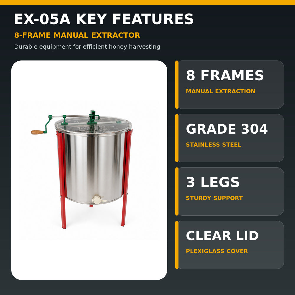 Beehive Flow-8 Frames Grade 304 Stainless Steel Manual Honey Extractor S S (EX-05A) With 3 Sturdy Legs