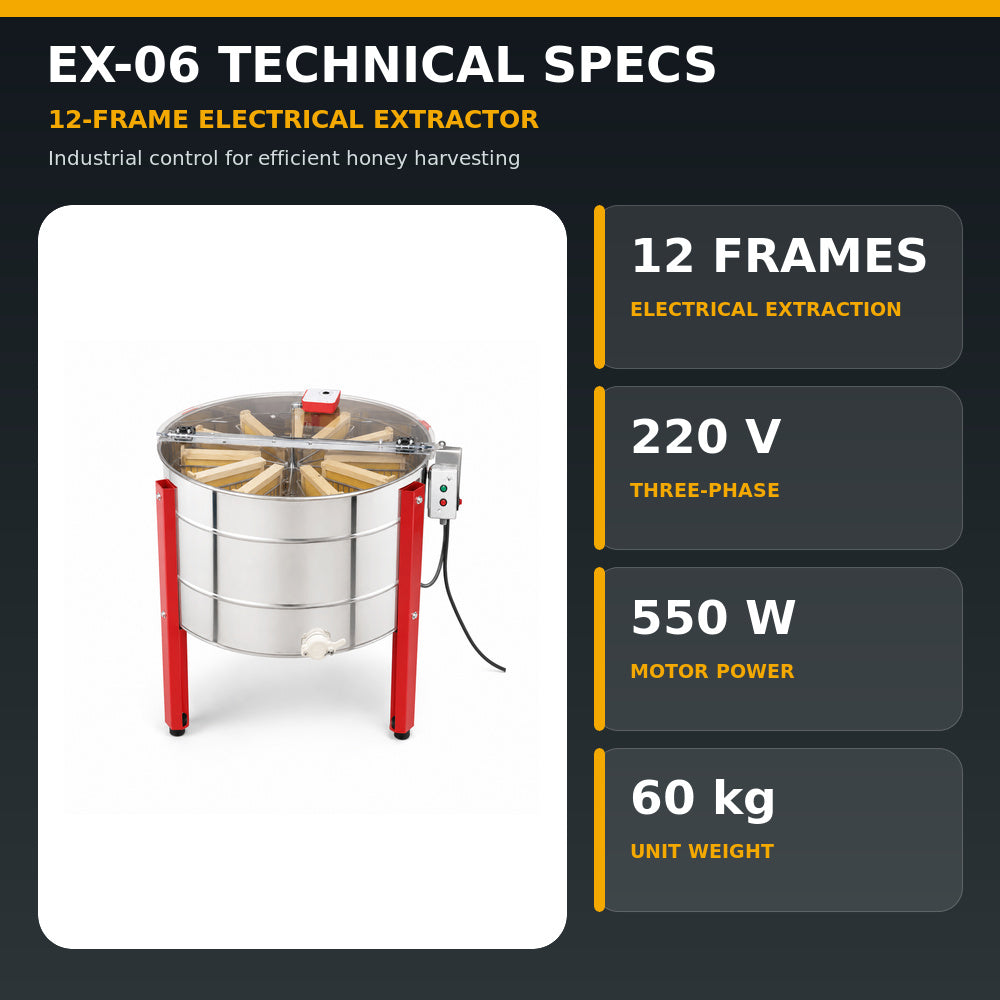 Beehive Flow-12 Frames Electrical, Stainless Steel, With Legs And Plastic Honey Gate Speed Control Frequency Converters Three Phase 220V, 550W (EX-06)