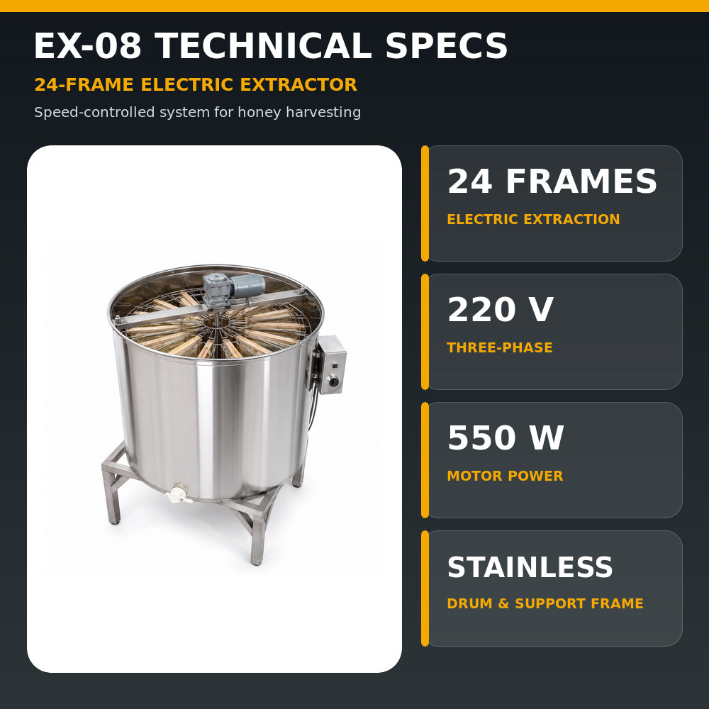 Beehive Flow-24 Frames Electric Honey Extractor stainless steel, With Legs And Plastic Honey Gate Speed Control Frequency Converters Three Phase 220V, 550W (EX-08)