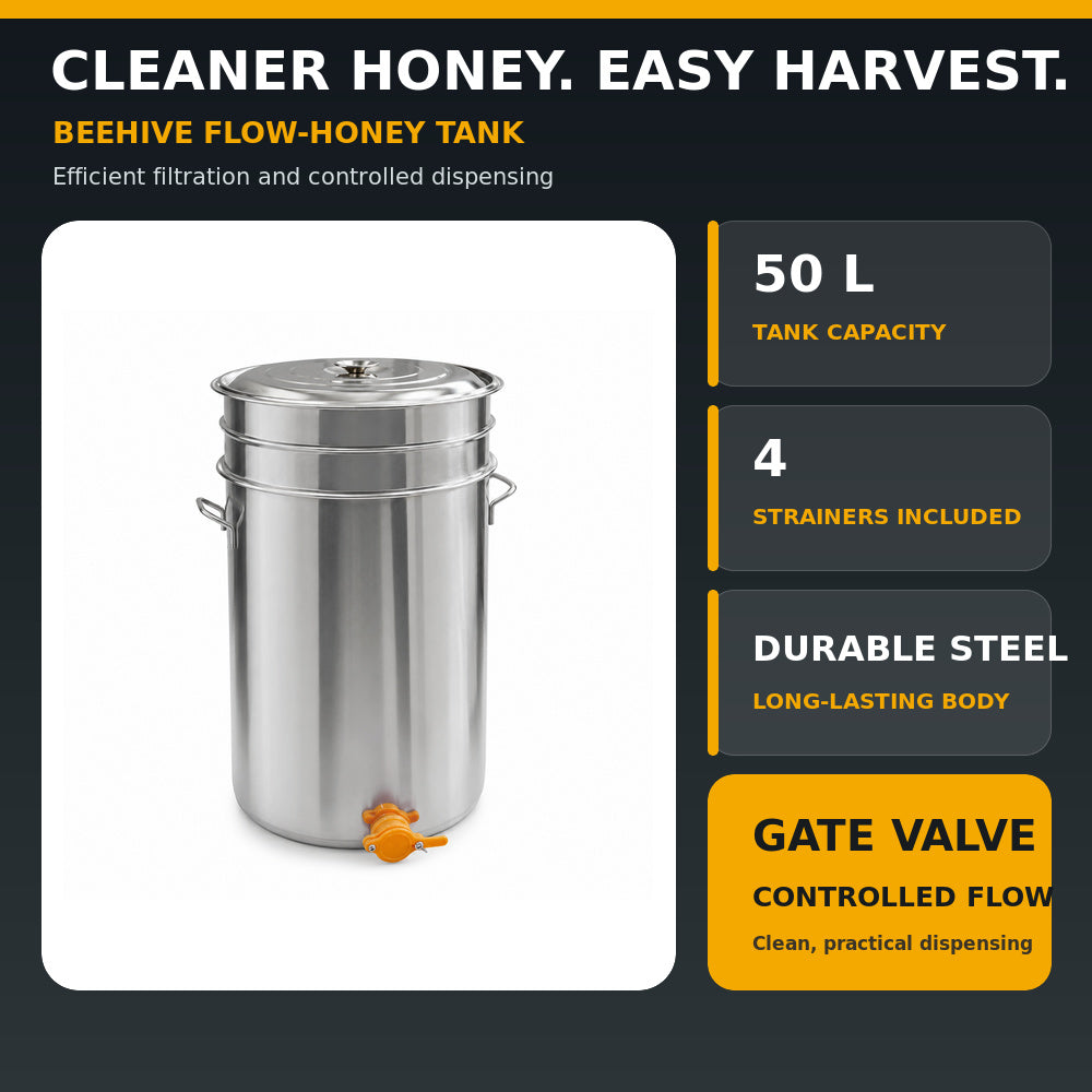 Beehive Flow-Honey 50L Tank/Steel Bucket With Gate Valve And 4 Strainer
