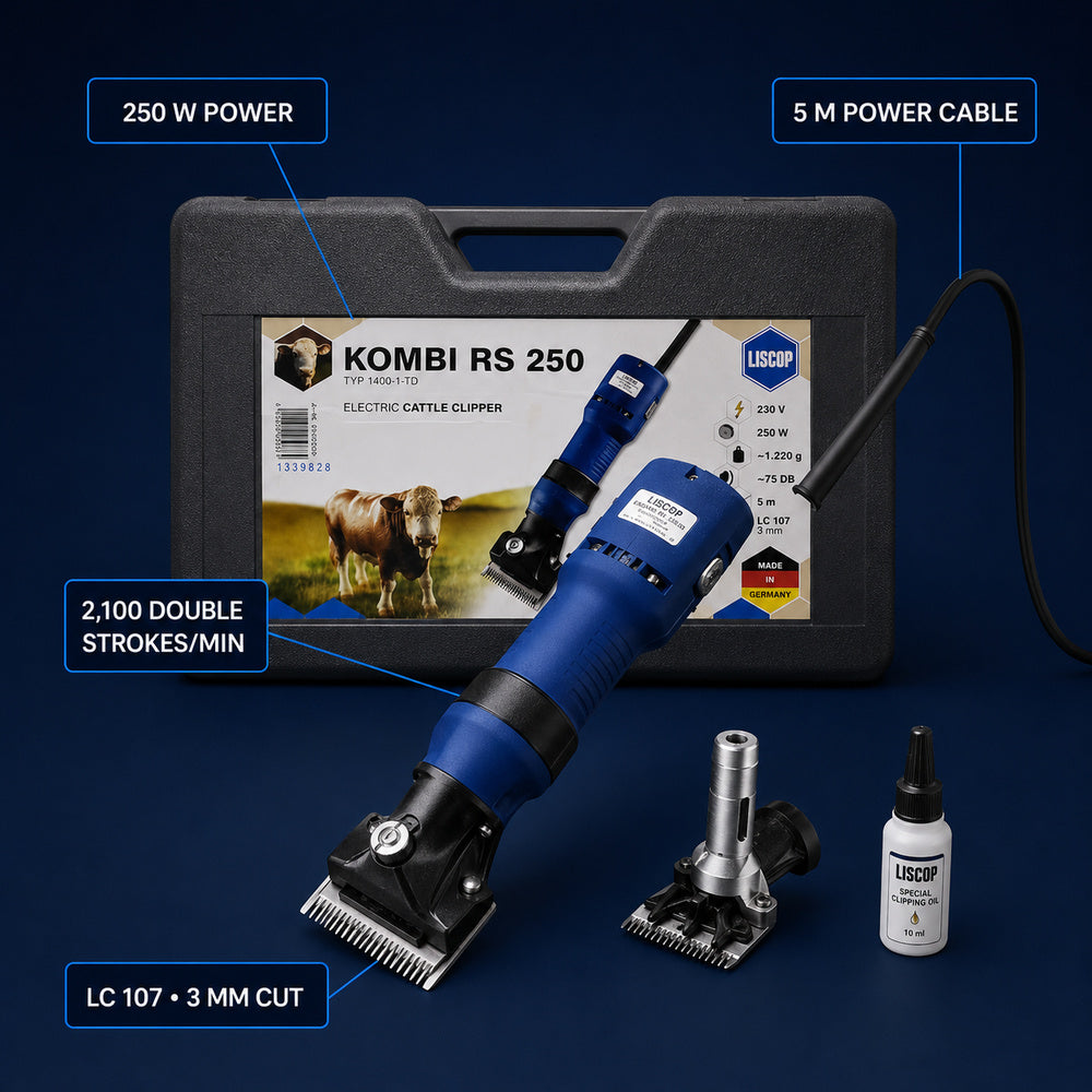Liscop 250W ماكينة قص كهربائية للأغنام والحصان والماشية مع رأس قص إضافي ، Kombi RS 250 +107 (صنع في ألمانيا)