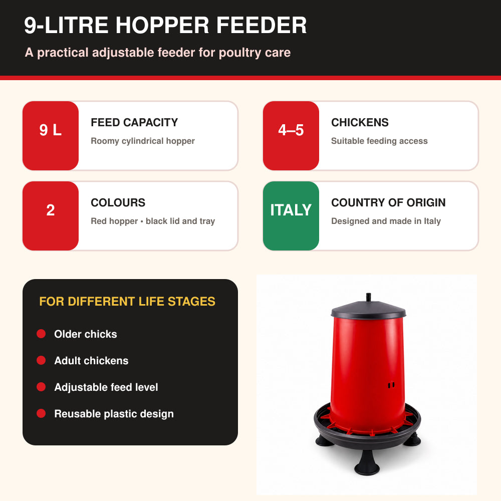River Hopper Feeder with Lid 9 Ltr, Adjustable, Red And Black, High Quality, (Made in Italy)