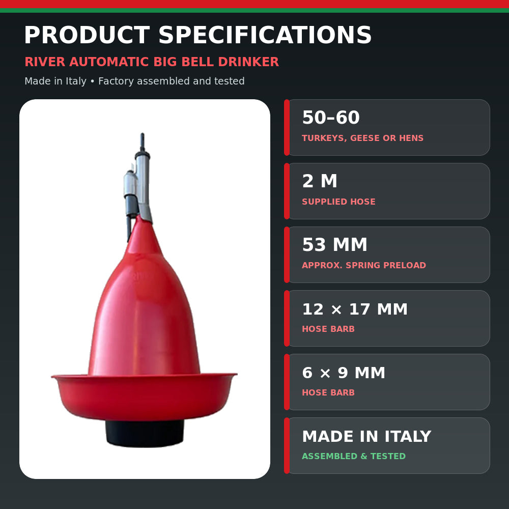 River Automatic Big Bell Drinker with Valve/Hose 2m, High Quality, (Made in Italy)