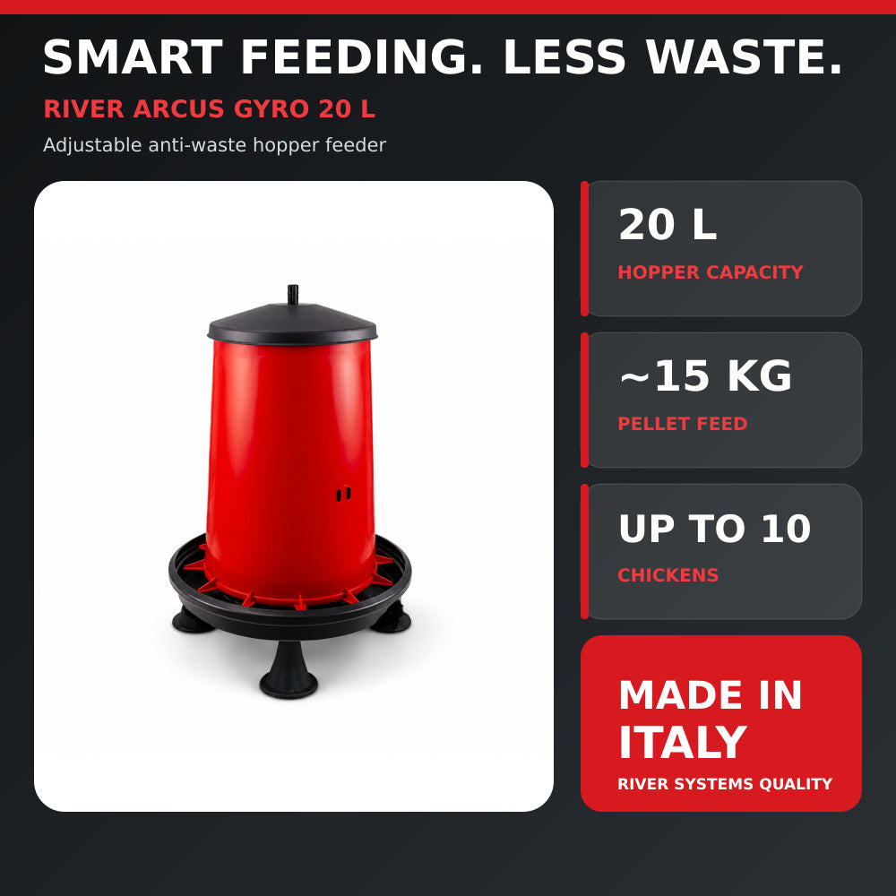 River Hopper Feeder with Lid 20Ltr, Adjustable, Red And Black, High Quality, (Made in Italy)