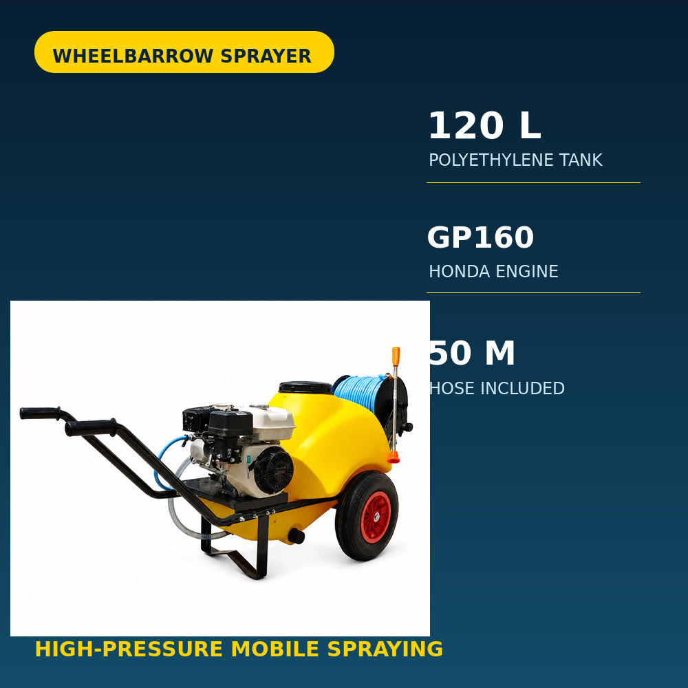 Volpi Wheel Barrow Sprayer 120L Tank Capacity, 50M Hose, Honda Engine