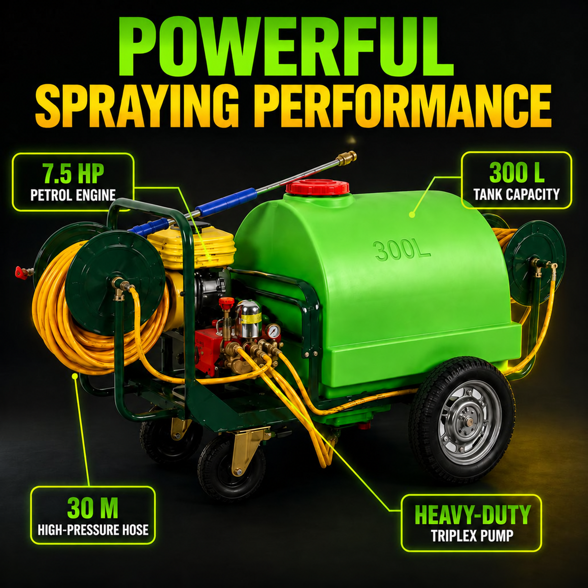 CN Wheel Barrow Heavy Duty Power Sprayer, 300L Tank Capacity, 7.5HP Engine, 30M Hose, OS-300T