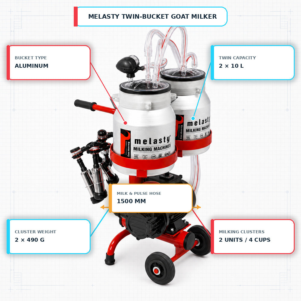 Melasty Double Milking Machine for Goats, Electric Portable Farm Milking Machine, Twin Bucket (Made in Turkey)