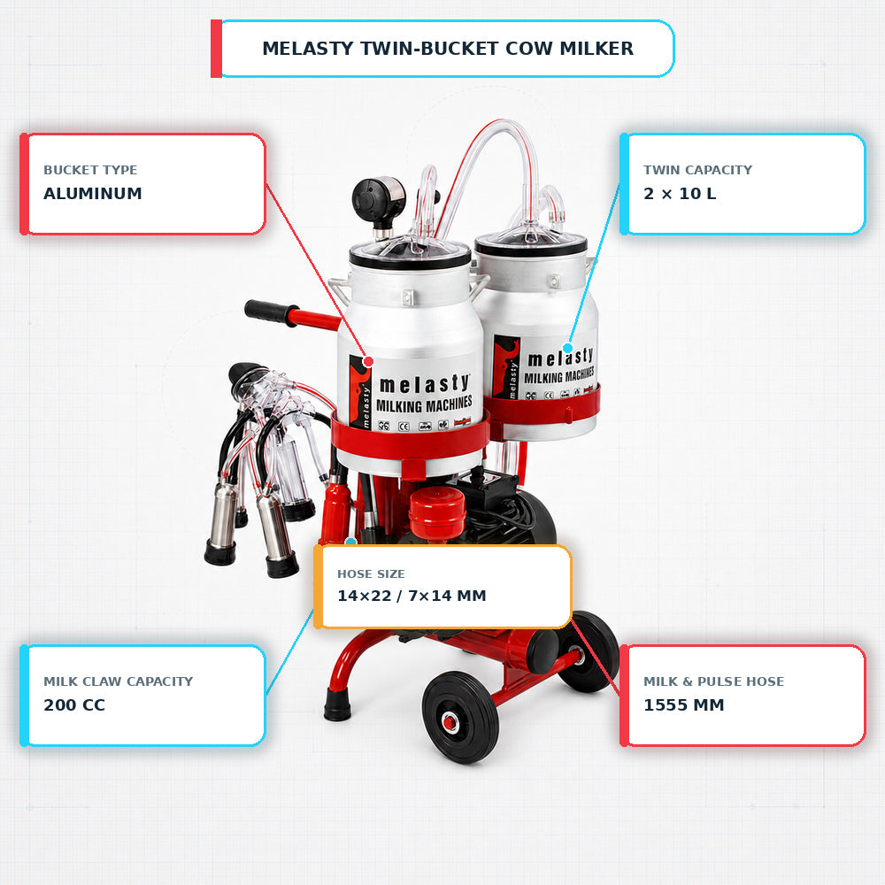 Melasty Double Milking Machine for Cow, Electric Portable Farm Milking Machine, Twin Bucket (Made in Turkey)