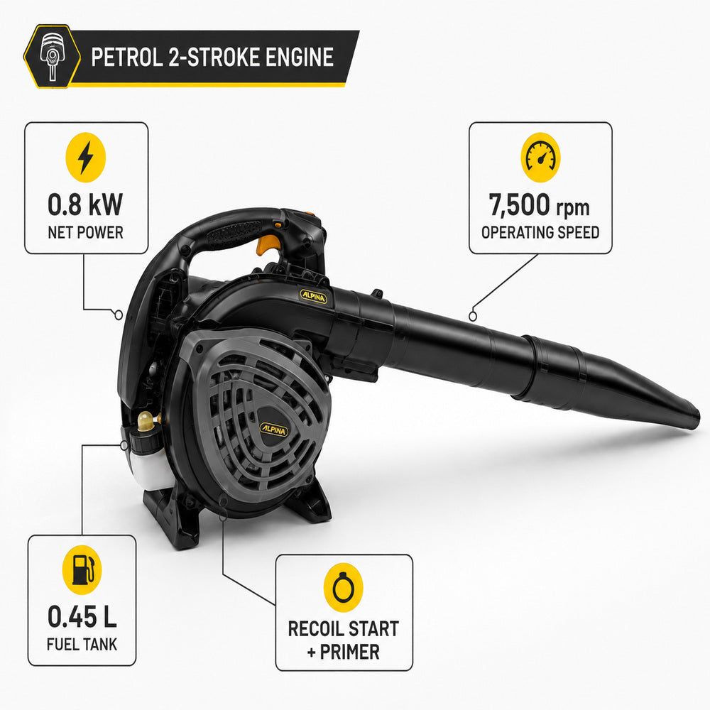 Alpina Italy Petrol Operated Speed Blower/ Vacuum with 55L Collection Bag for Home & Garden/Outdoor Use, Your Local UAE Distributor