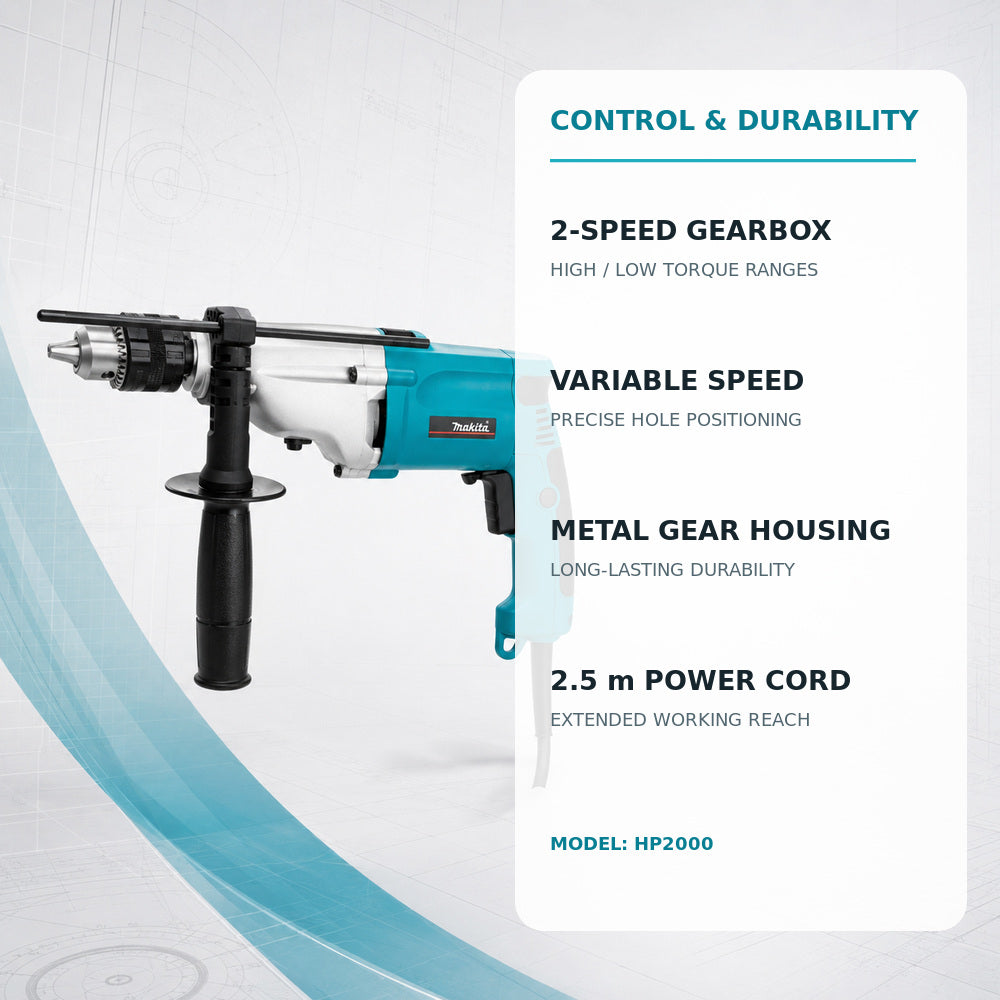 Makita 2 Speed Impact Hammer Drill 20mm, 800W (HP2000)