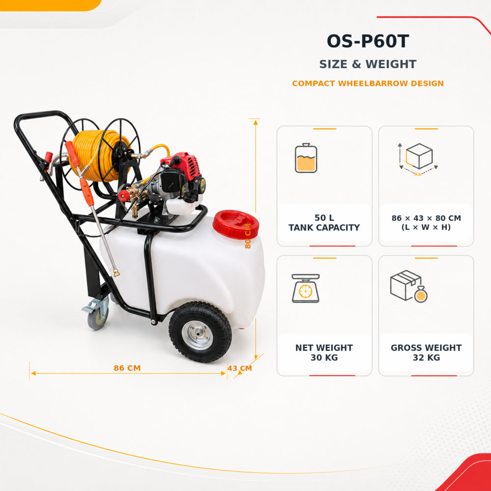 Wheel Barrow Heavy Duty Power Sprayer, 50 Liter Tank Capacity with 2 Stroke Engine, OS-P60T