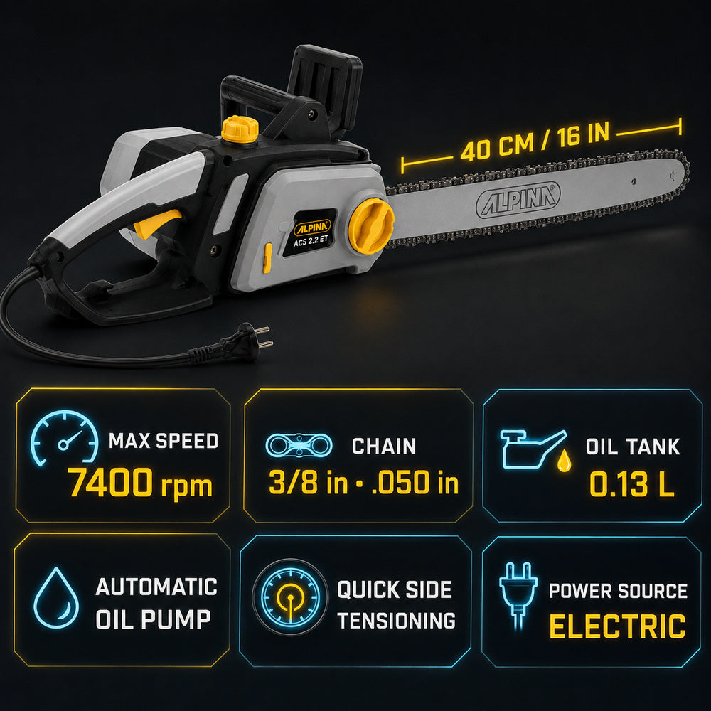 Alpina Italy 2200W 16 Inch Electric Chainsaw, Woodworking Hand Tool with chain speed of 14m/s, ACS 2.2 ET