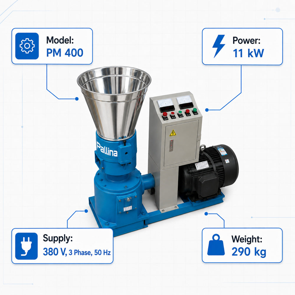 Pallina Pellet Machine SPXP400,11KW 380V,50Hz Production Capacity upto 400Kg. P/Hour