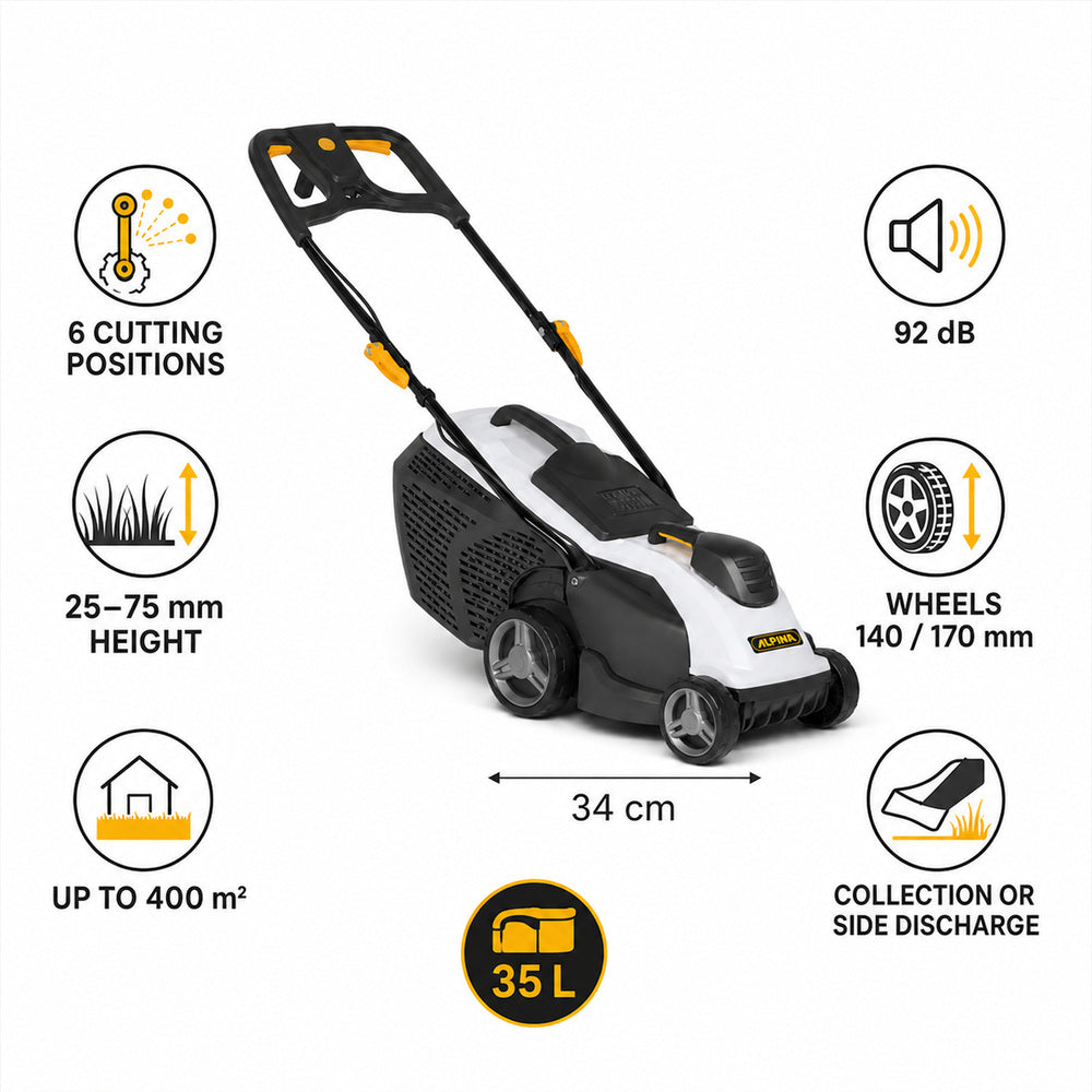 Alpina Italy Electric Lawn Mower, AL1 34 E, Black & White, 34 cm Cutting Width