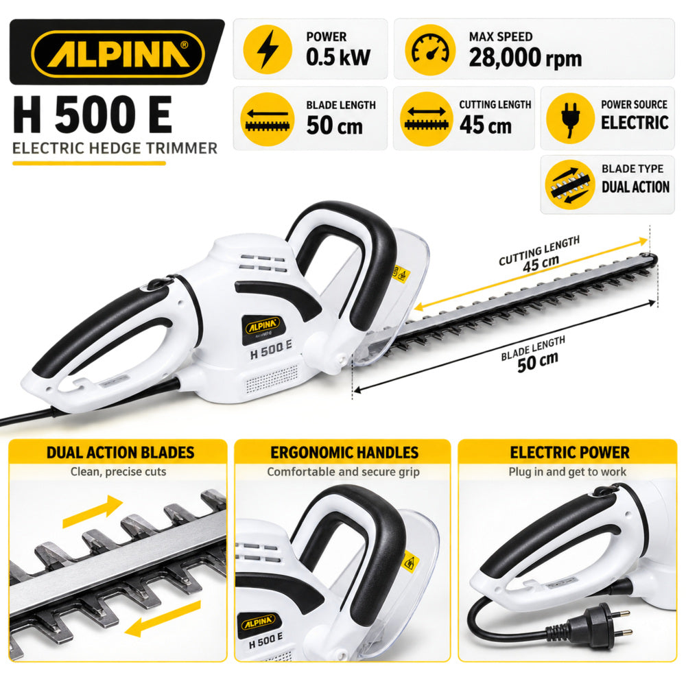 Alpina Italy Electric Hedge Trimmer,180° Rotating Handle, 50 cm double-action blade For Lawn & Garden (H 500 E)