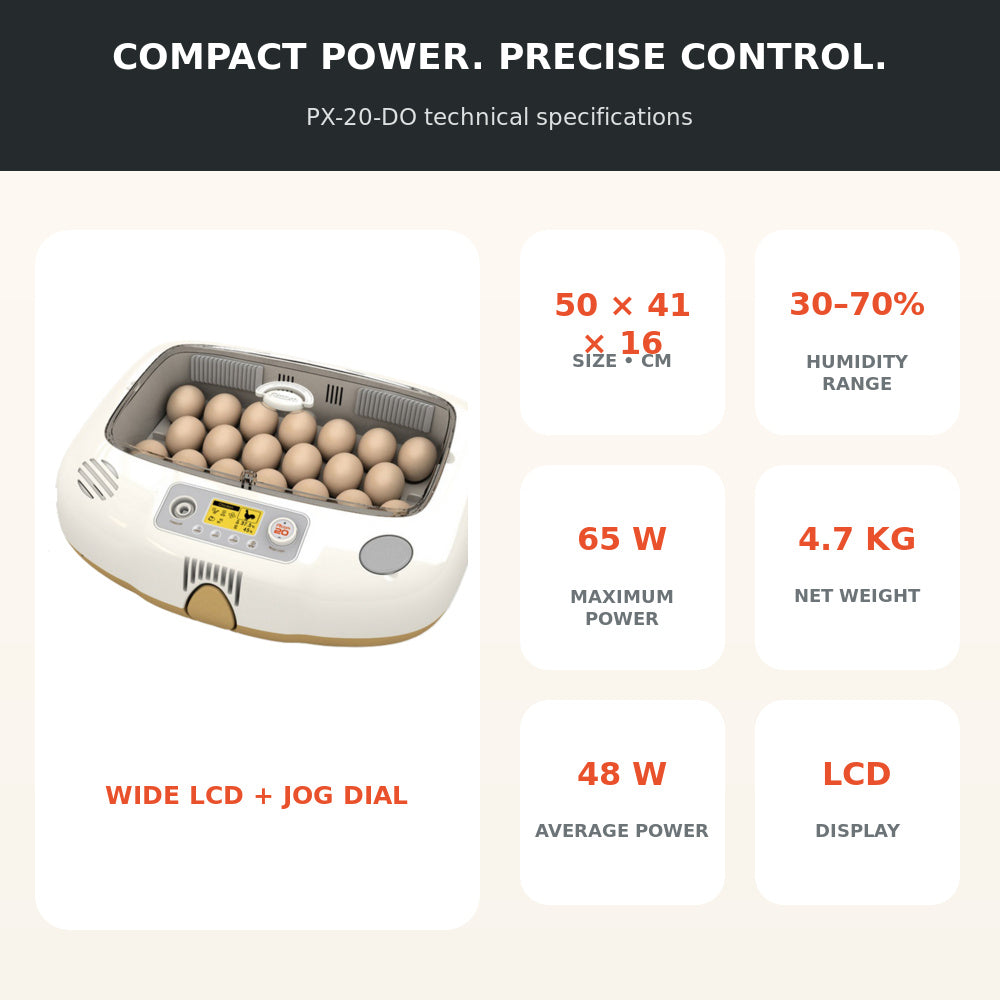 Rcom Automatic Egg Incubator for Hatching Eggs with Automatic Temperature Control, Humidity Sensor, PX-20-DO (Made in Korea)