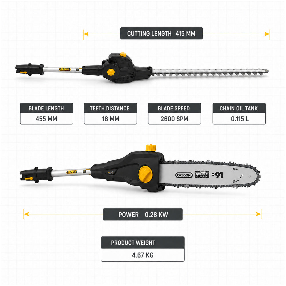 Alpina 20V Cordless Battery Operated Multi Tool with 45cm Double Sided Hedge Trimmer and Chainsaw Head, Your Local UAE Distributor
