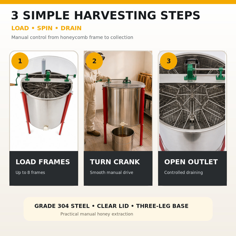 Beehive Flow-8 Frames Grade 304 Stainless Steel Manual Honey Extractor S S (EX-05A) With 3 Sturdy Legs