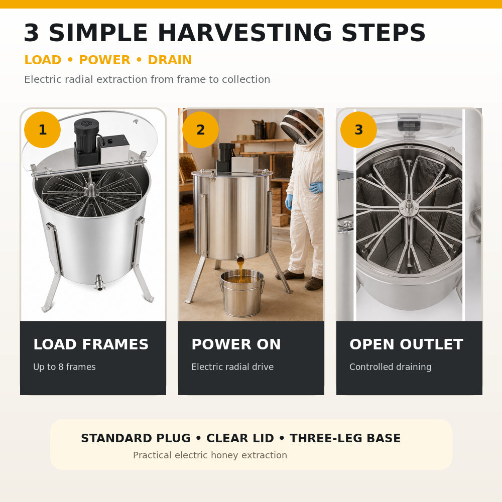 Beehive Flow-8 Frames Stainless SteelElectric Honey Extractor With 3 sturdy legs And Clear Plexiglass Top (EX-05B)