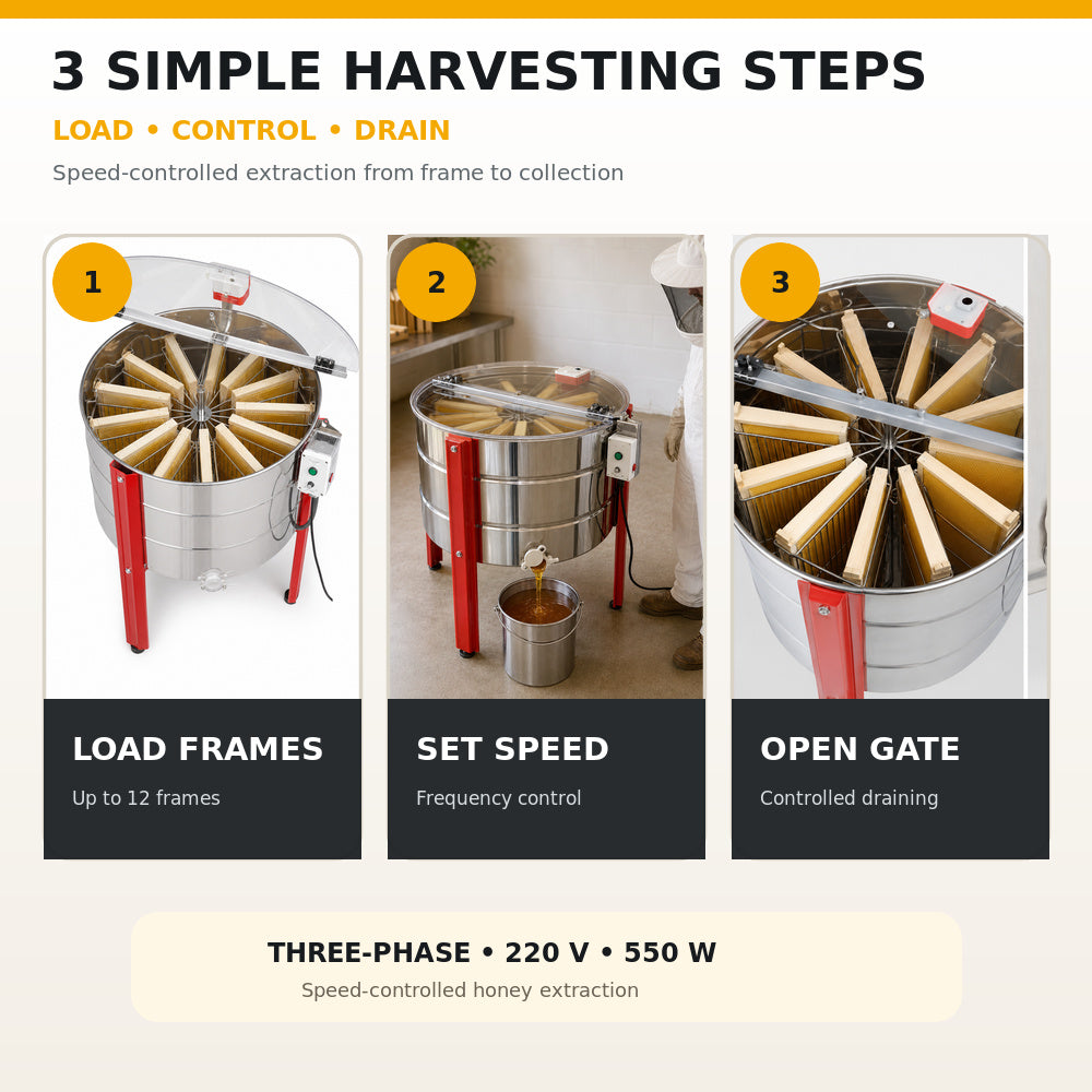 Beehive Flow-12 Frames Electrical, Stainless Steel, With Legs And Plastic Honey Gate Speed Control Frequency Converters Three Phase 220V, 550W (EX-06)