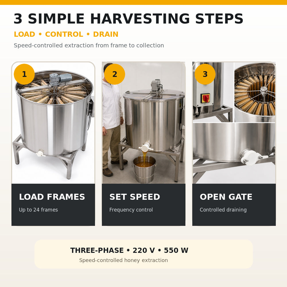 Beehive Flow-24 Frames Electric Honey Extractor stainless steel, With Legs And Plastic Honey Gate Speed Control Frequency Converters Three Phase 220V, 550W (EX-08)