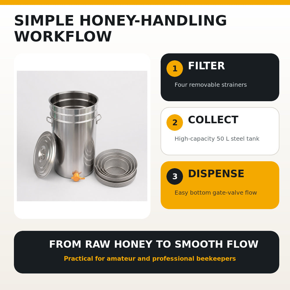 Beehive Flow-Honey 50L Tank/Steel Bucket With Gate Valve And 4 Strainer