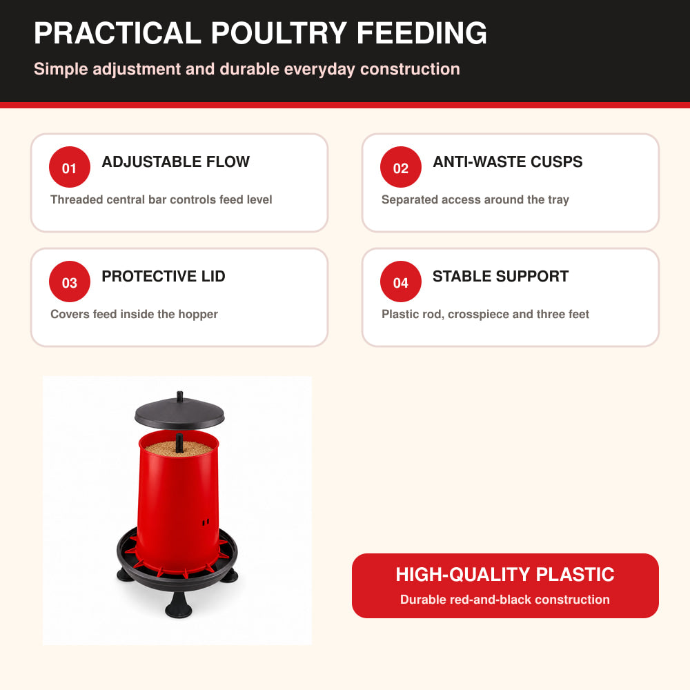River Hopper Feeder with Lid 9 Ltr, Adjustable, Red And Black, High Quality, (Made in Italy)