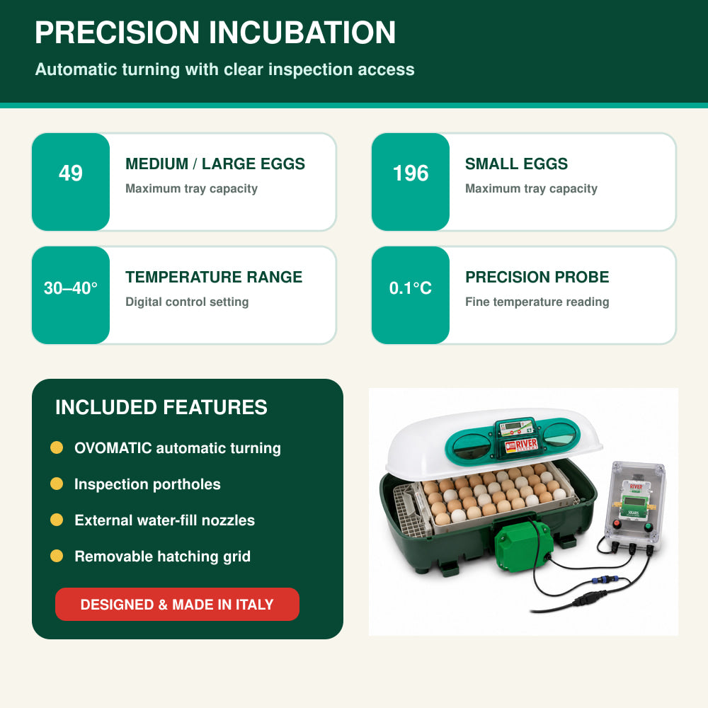 River Solar Incubator Digital 49 Eggs, Automatic Eggtech ET- Solaris Incubator, With Ovolvo Egg Turning Unit And Control Panel(Made in Italy)