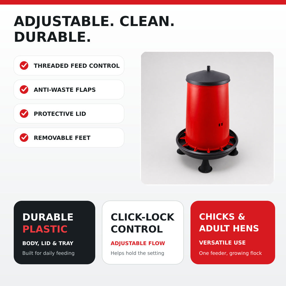 River Hopper Feeder with Lid 20Ltr, Adjustable, Red And Black, High Quality, (Made in Italy)