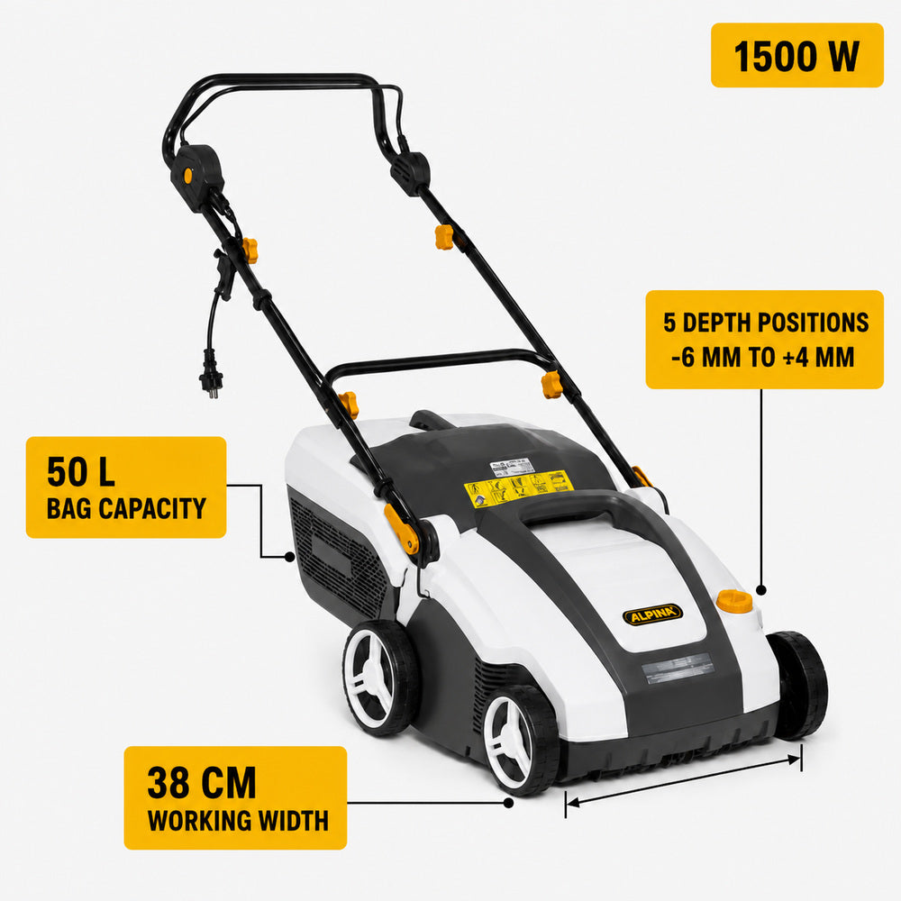 Alpina Italy 1500 Watt Electric Scarifier, 38cm Working Width, Comes with 50L Collector Bag (SC 1.5 E)