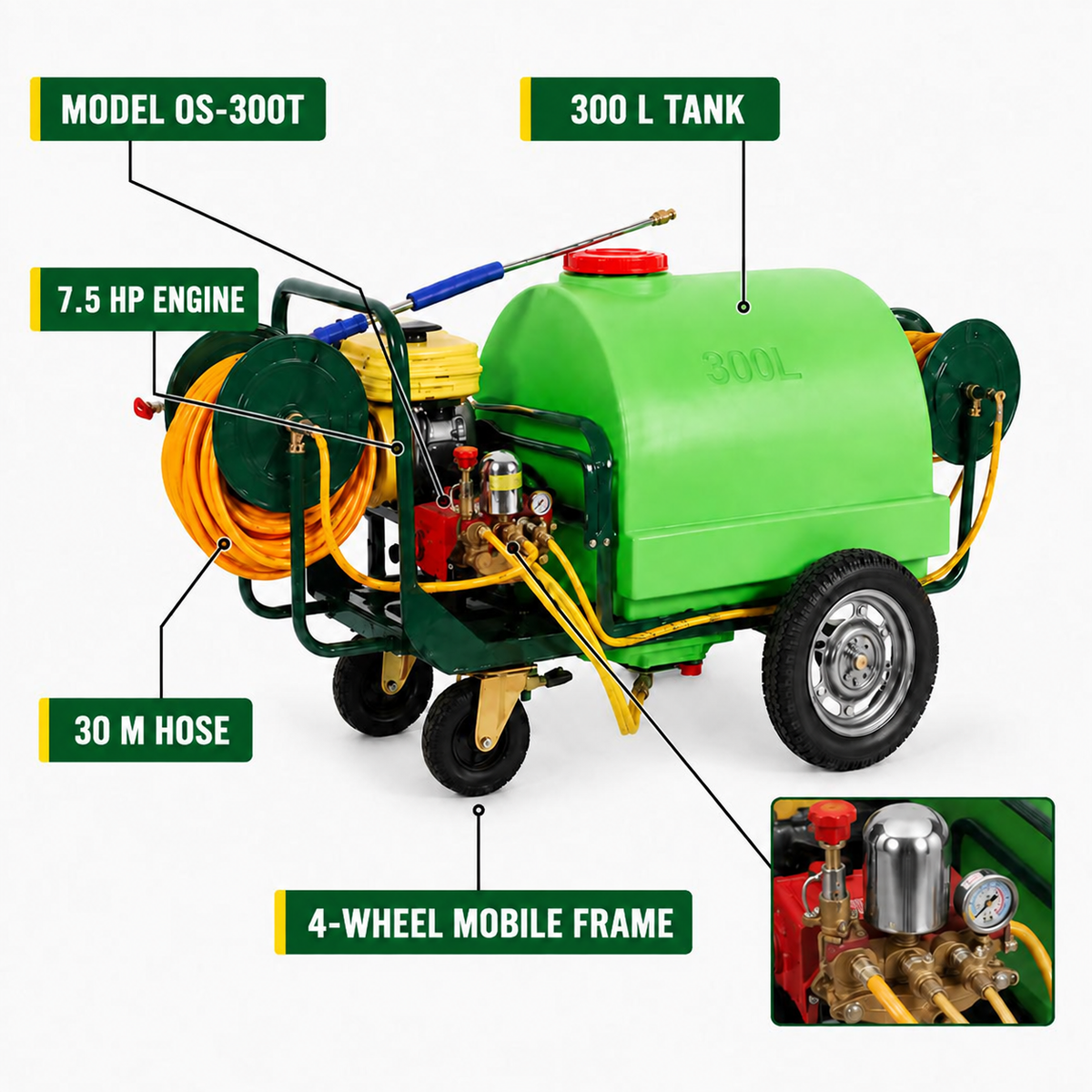 CN Wheel Barrow Heavy Duty Power Sprayer, 300L Tank Capacity, 7.5HP Engine, 30M Hose, OS-300T